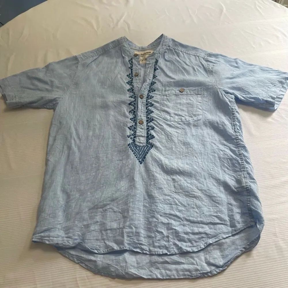 J. Peterman Ancient Roads Blue 100% Linen Embroidered Short Sleeve Shirt Small